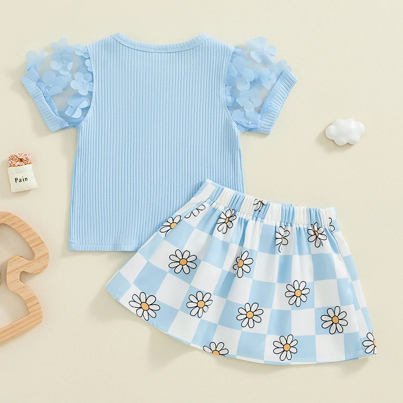 SUNSIOM-ropa de verano para niñas pequeñas, trajes de 2 piezas, Tops acanalados de manga de malla, conjunto de falda con estampado Floral de tablero de ajedrez - imagen 3