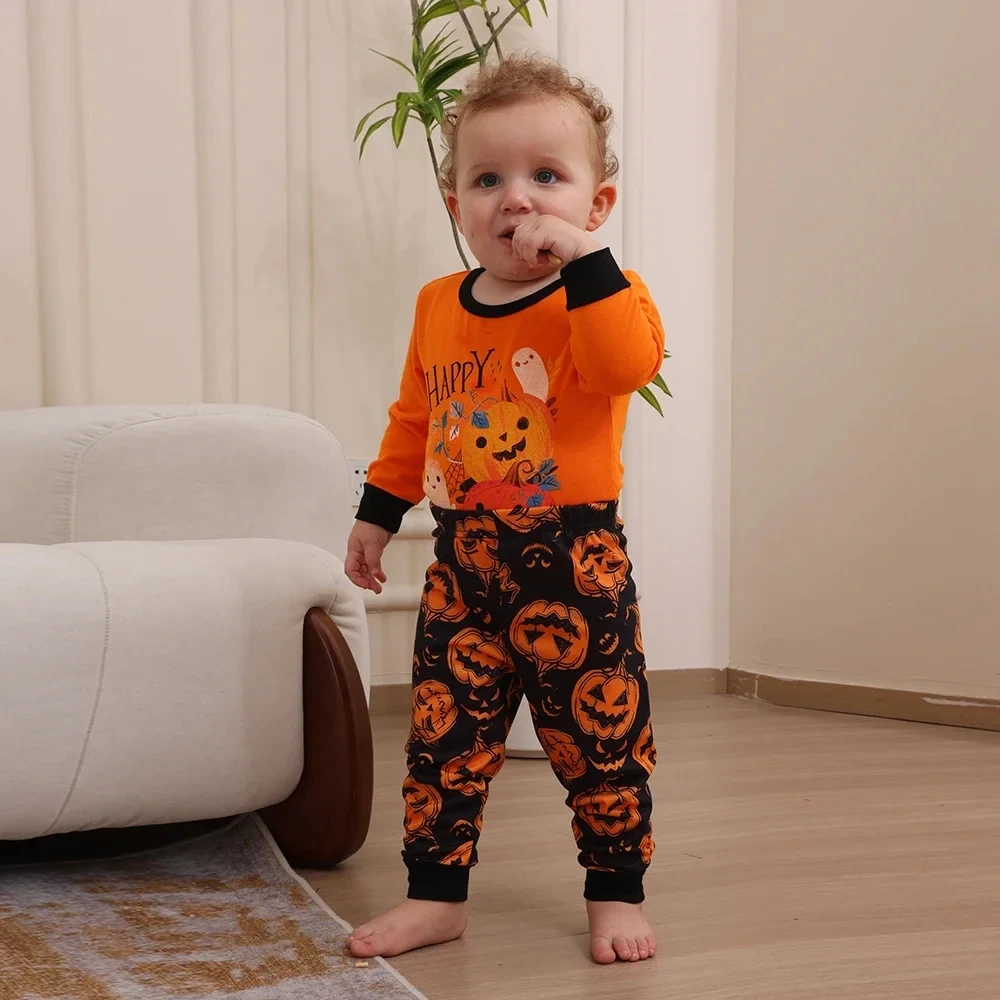 2025 Nieuwe Pompoenprint PJs Sets 2-delige Loungewear Volwassen Kinderen Halloween Pyjama Voor Familie Vakantie Kleding - imagen 3