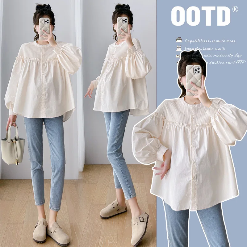 7156 #   Otoño moda coreana Patchwork blusas de maternidad de gran tamaño túnica suelta ropa para mujeres embarazadas lindos Tops de embarazo - imagen 2