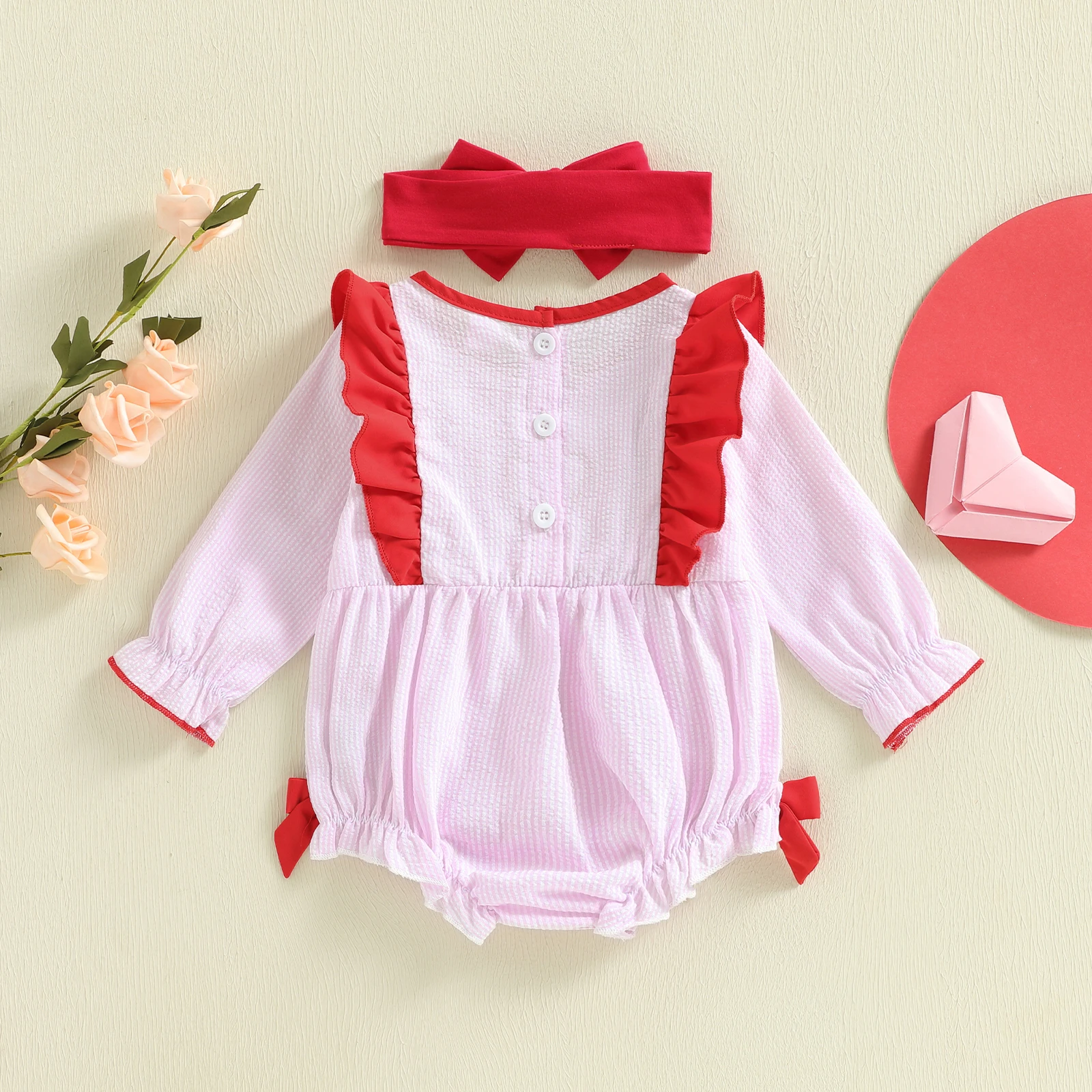Tregren mameluco bebé niña San Valentín rayas corazón bordado diadema - imagen 3