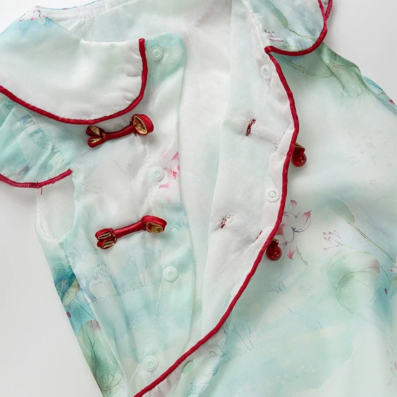 Conjuntos de 2 piezas de ropa de verano para niña, pelele de algodón sin mangas con cuello de muñeca de estilo chino, monos, artículos para bebé recién nacido BC033 - imagen 3