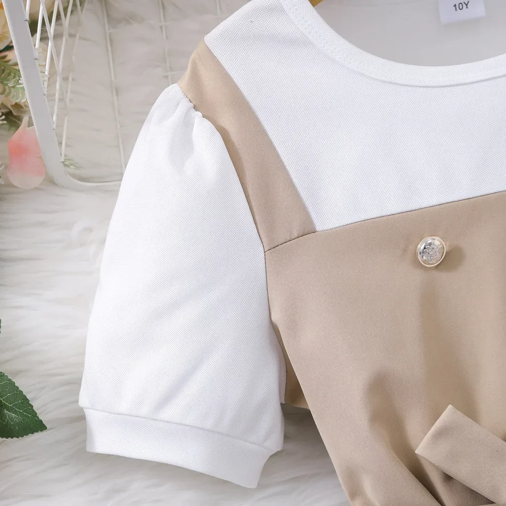 Vestido de verano para niña de 8 a 12 años, vestidos de manga corta de color caqui y blanco para niños, ropa sencilla de moda para Chica adolescente, traje de fiesta para niños grandes - imagen 5