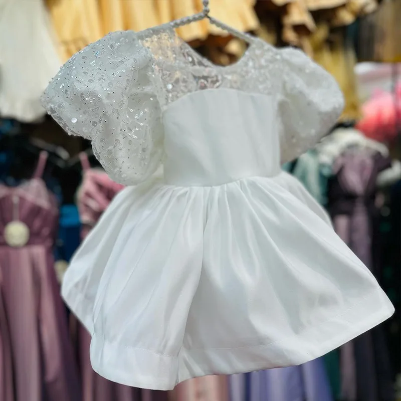Vestido de princesa con lentejuelas de Color liso para niñas, tutú con mangas de burbuja para fiesta de 1er cumpleaños y actuación, vestido naranja para niña