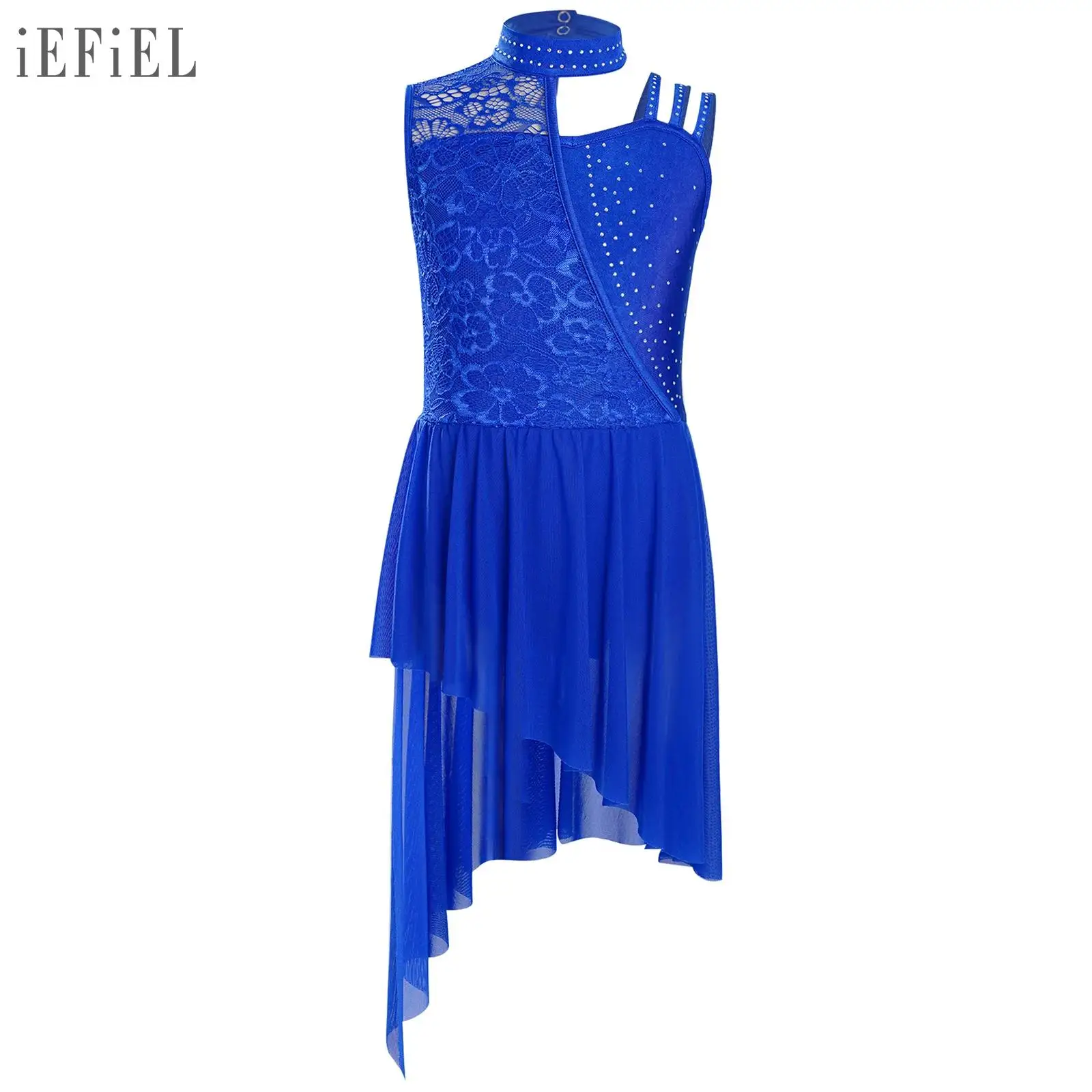 Vestido de baile lírico de Ballet para niñas, Ropa de baile contemporánea moderna, cuello simulado, encaje Floral, diamantes de imitación, dobladillo Irregular, vestido de leotardo