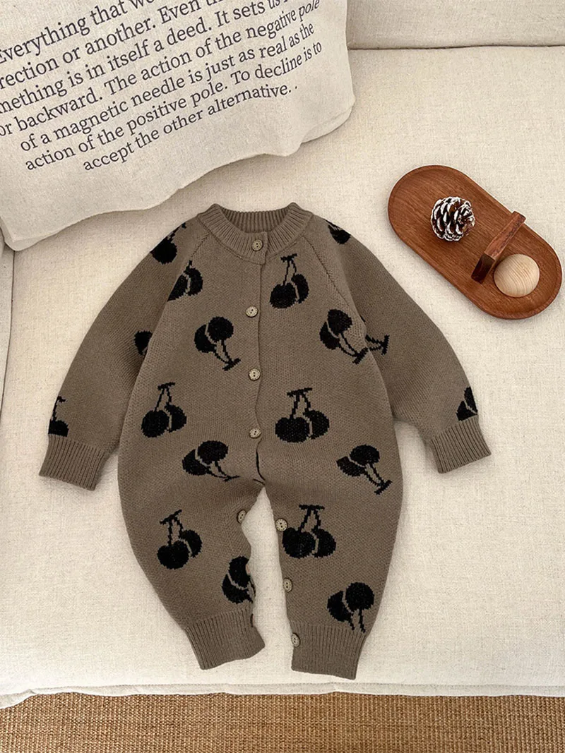 MILANCEL nuevo otoño peleles de bebé 0-3T lindo tejido cereza niñas mono de una sola botonadura dulce suelto infantil de una pieza - imagen 3