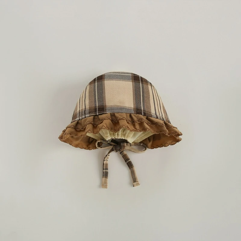 Sombrero de pescador de palacio de algodón cepillado británico, sombrero para la cabeza de bebé de encaje a cuadros vintage de otoño, protección suave para los oídos para niños y niñas