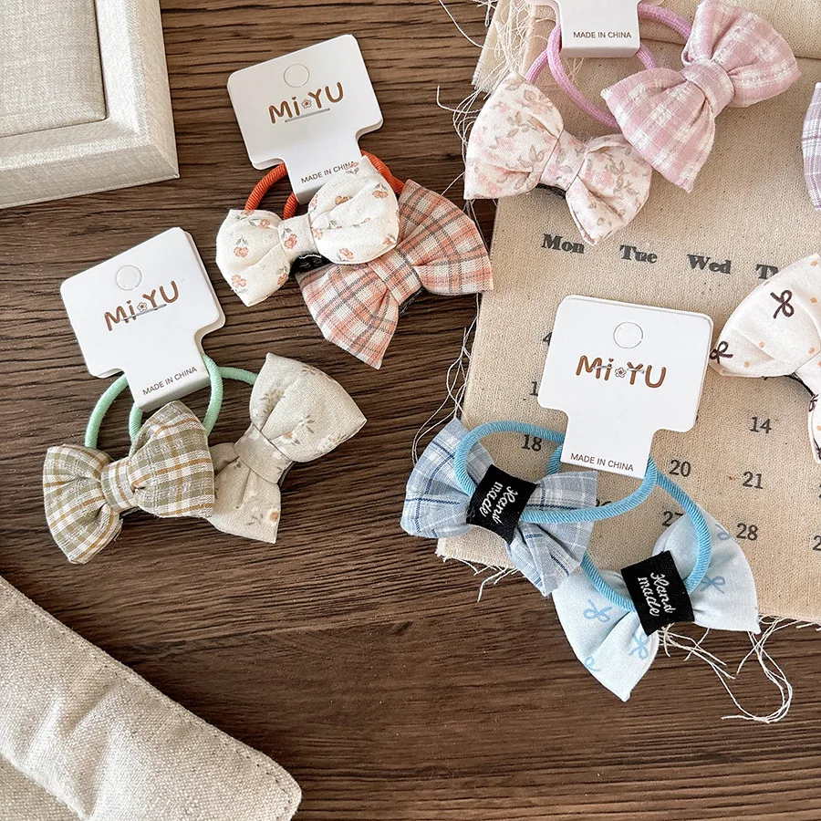 Banda de cuerda para el pelo para niños con lazo a cuadros de tela dulce coreana, banda de goma pequeña Floral, accesorios para el cabello para niñas y niños - imagen 4