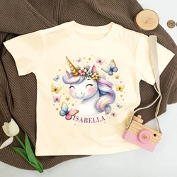Camiseta personalizada de unicornio con nombre para niños, camiseta Retro de manga corta, Tops para niños pequeños, ropa de verano