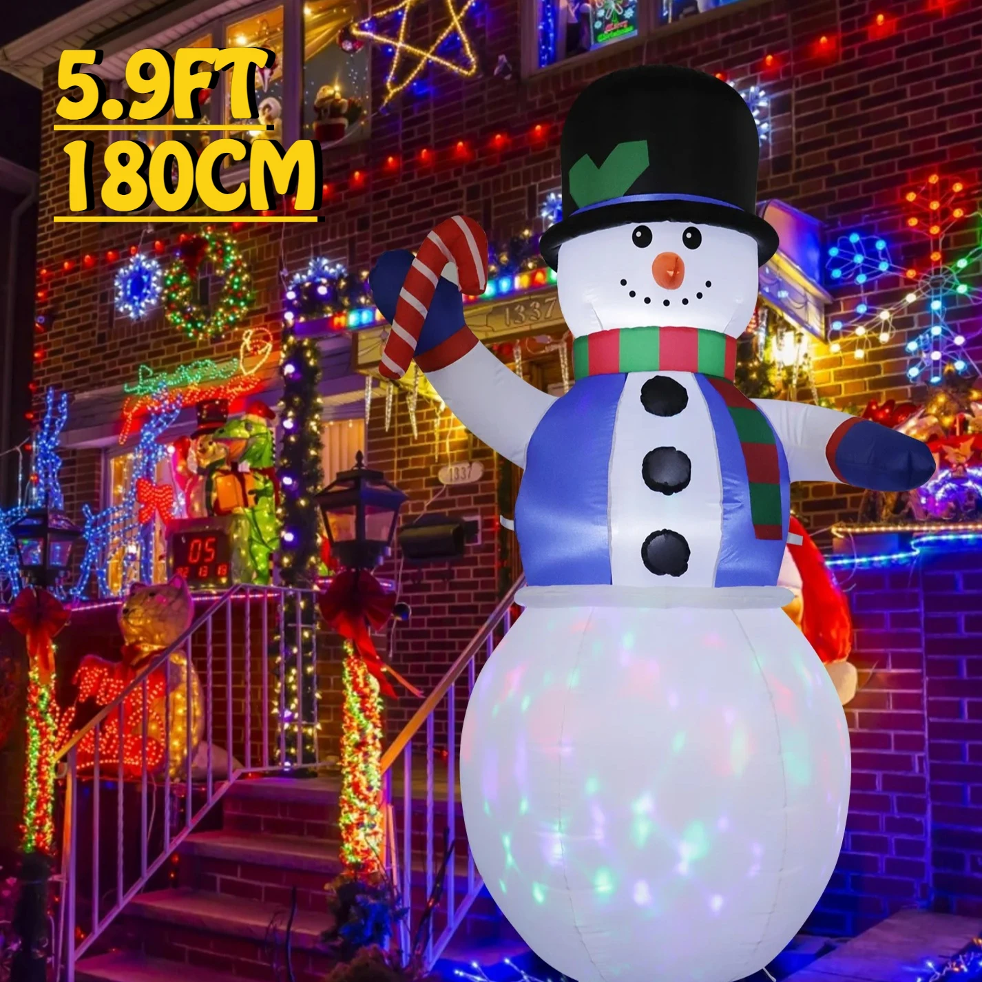 Decoración navideña al aire libre de 5,9 pies, muñeco de nieve, bastón de caramelo, decoración inflable para fiesta de patio, adornos navideños, luces, juguete para el hogar