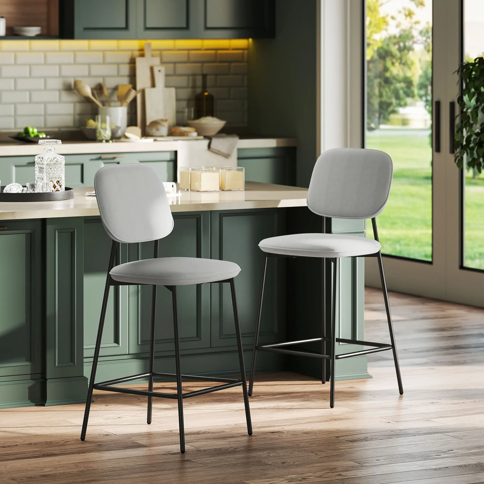 HOMCOM Juego de 2 Taburetes de Bar Taburetes Altos de Cocina con Respaldo y Reposapiés Tapizado en Terciopelo Marco de Acero Taburetes Altos Modernos para Comedor Mostrador Gris Claro