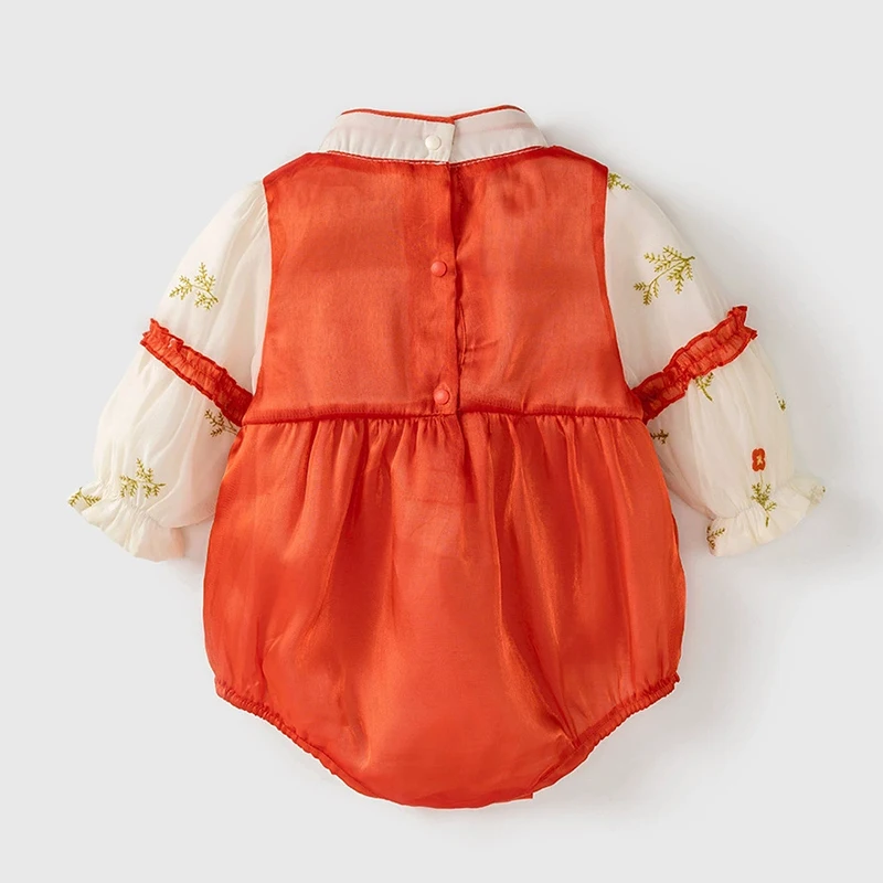 Primavera otoño ropa para niñas recién nacidas estilo chino lindo lazo de flores malla de algodón monos de manga larga y mameluco de una pieza para bebé BC238 - imagen 2