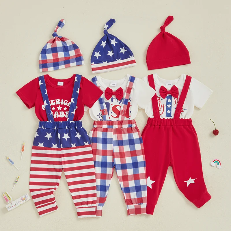 VISgogo Conjunto de verano de 3 piezas para bebé, niño, 4 de julio, con letras y estrellas, mameluco de manga corta, pantalones con tirantes, sombrero anudado