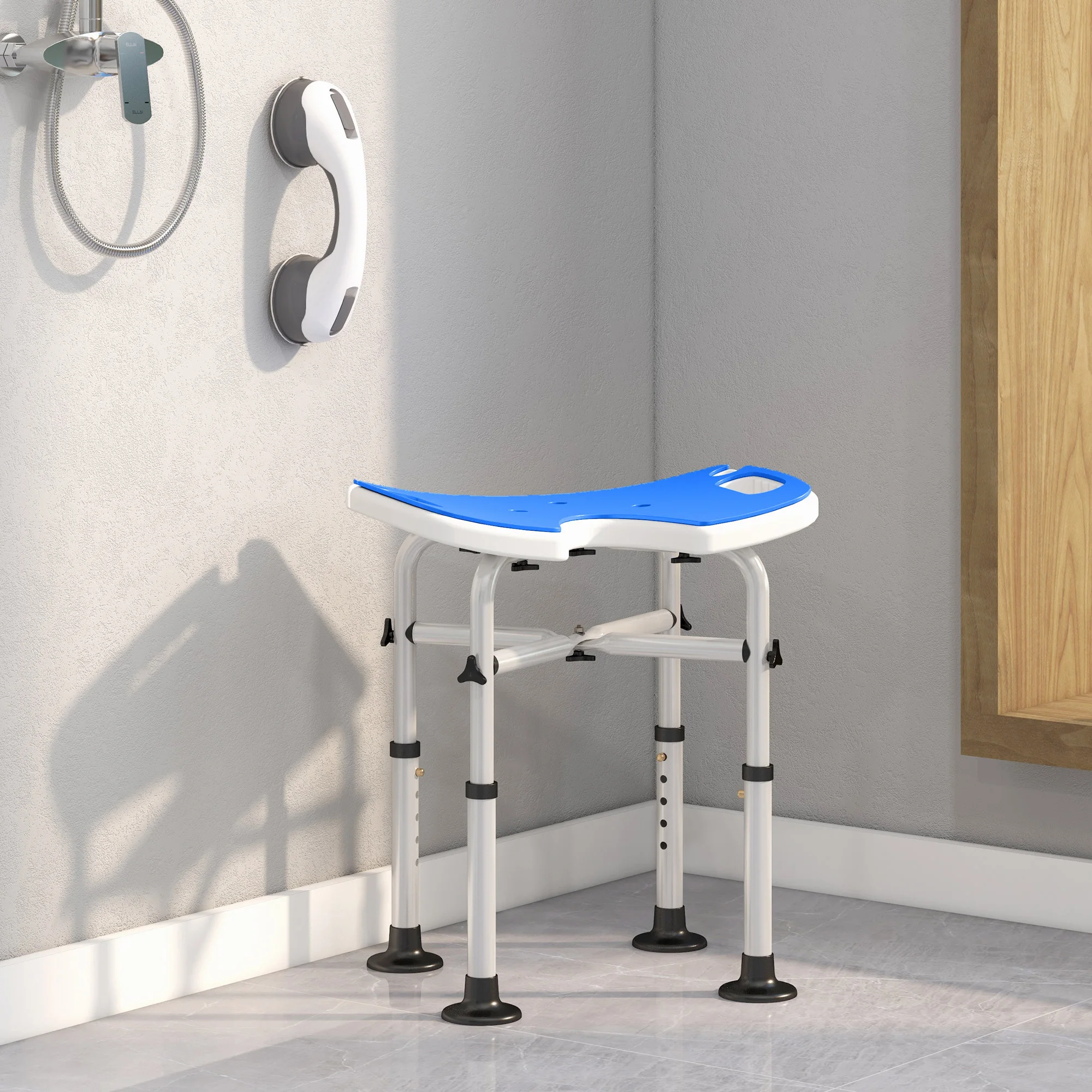 HOMCOM Taburete de Ducha Silla Ducha Personas Mayores Antideslizante Silla para Ducha con Barra de Agarre por Ventosas Altura Regulable y Asiento en Forma de U Carga 150 kg Azul - imagen 3
