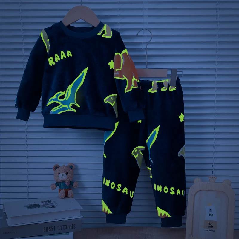 Conjunto de pijama de felpa fluorescente para bebés, ropa de dormir cálida para el hogar, cómodos y accesorios a la moda, para Otoño e Invierno - imagen 3