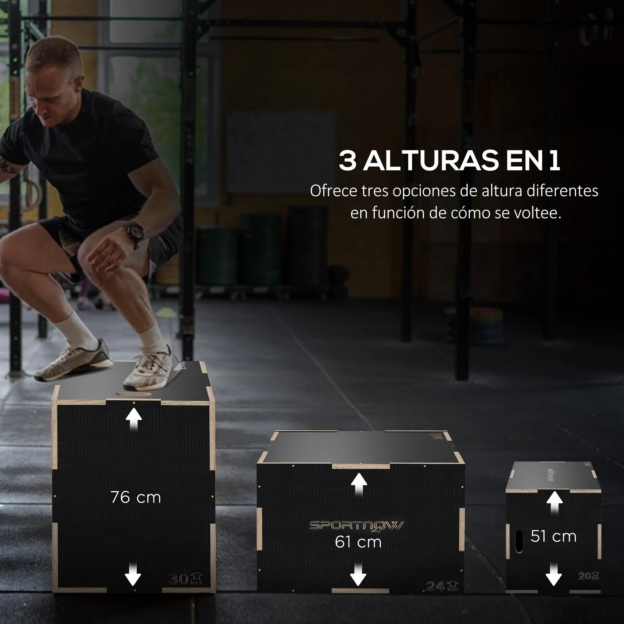 SPORTNOW Cajón Pliométrico Caja Pliométrica con 3 Alturas Diferentes Entrenamiento de Fuerza en Casa Oficina Gimnasia CrossFit Carga 120 kg 76x61x51 cm Negro - imagen 4