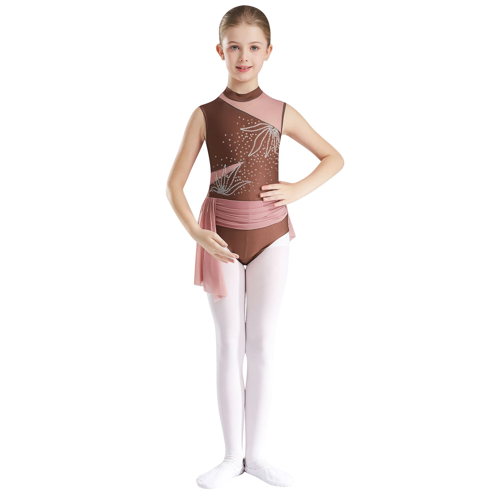 Leotardo de gimnasia de Ballet para niñas, traje de baile con falda de diamantes de imitación, malla transparente recortada en la espalda, Ropa de baile de gimnasia - imagen 3