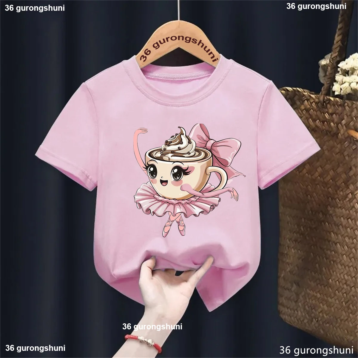 Bailarina capuchino saludo café bailarina de Ballet Rosa arco impreso camiseta niñas divertido amante de la danza ropa para niños camiseta de verano - imagen 4