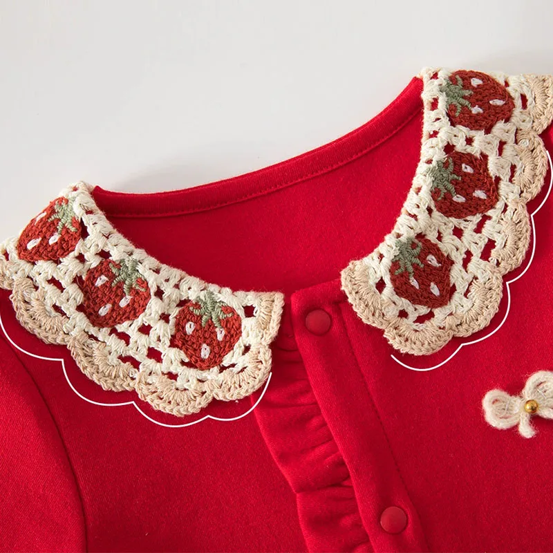 Ropa de primavera y otoño para niña, monos de algodón de manga larga rojos con bonito lazo de fresa y cuello Peter Pan, artículos para recién nacidos B320 - imagen 5
