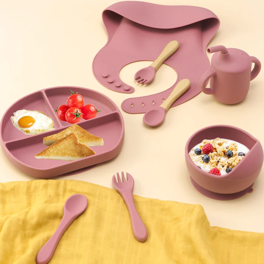 8/Uds./juego de vajilla de alimentación de alimentos para bebés, cuenco con ventosa, cuchara y tenedor, vajilla para comer, platos para niños, babero para bebé, taza, cosas para bebé