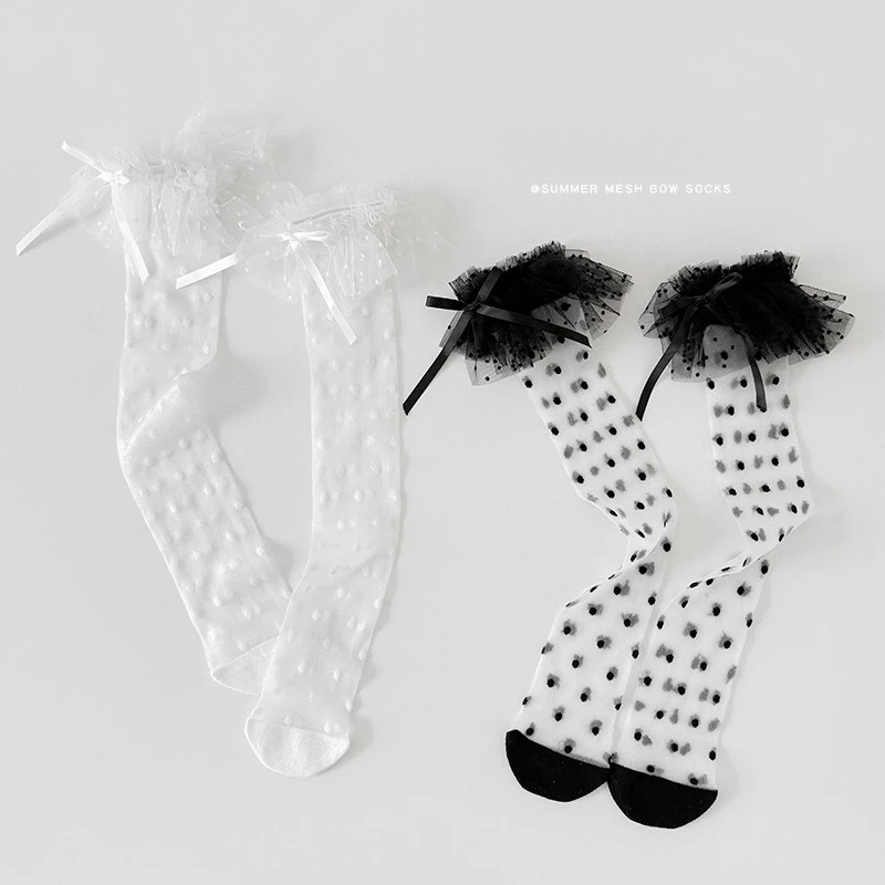 Calcetines Lolita para niñas, calcetines hasta la rodilla de verano con adorno de encaje, medias con patrón de puntos blancos y negros, calcetines bonitos de princesa para piernas de bebé para niños