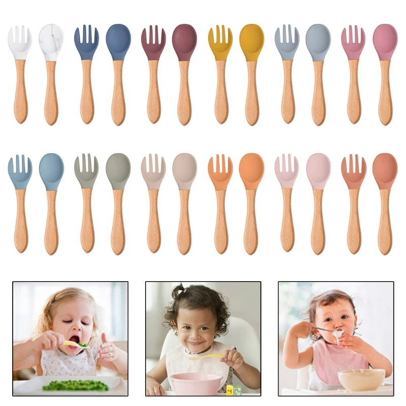 2 unids/set cuchara de alimentación de bebé tenedor mango de madera cuchara tenedor conjunto punta de silicona suave cuchara tenedor sin BPA grado alimenticio niños pequeños - imagen 5