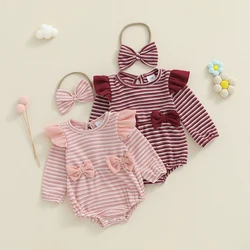 SUNSIOM Mameluco a rayas para niñas de 0 a 18 meses, mono con volantes de manga larga y cuello redondo a la moda con diadema
