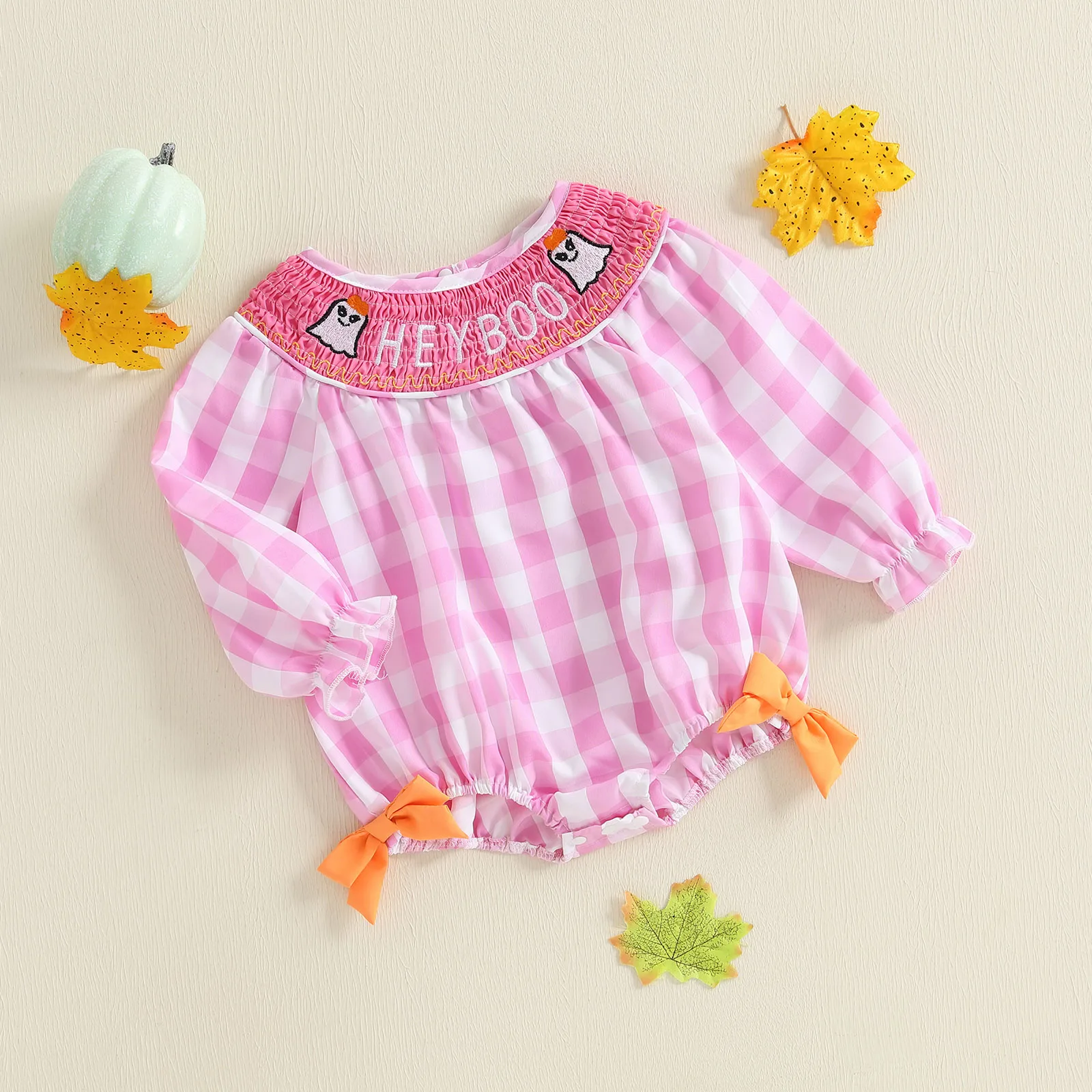 Pelele de Halloween para niñas de 0 a 18 meses, monos de manga larga a cuadros con bordado de fantasma para ropa de moda para recién nacidos - imagen 3