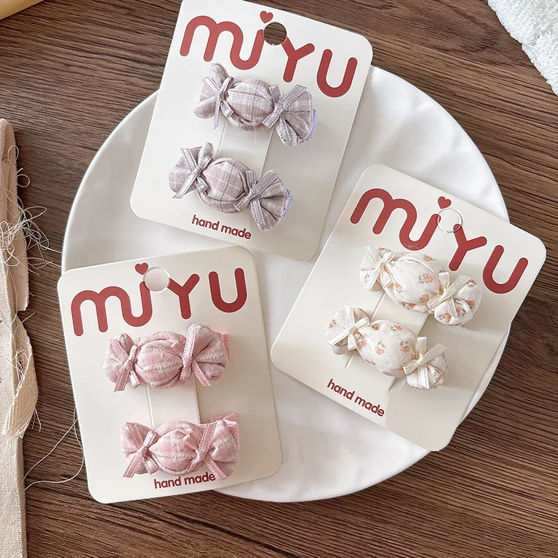 2 unids/set de horquillas de caramelo para niños, pinzas para el cabello a cuadros de tela para niñas, pasadores bonitos, flequillo, Clip LATERAL, horquilla, accesorios para el cabello - imagen 3