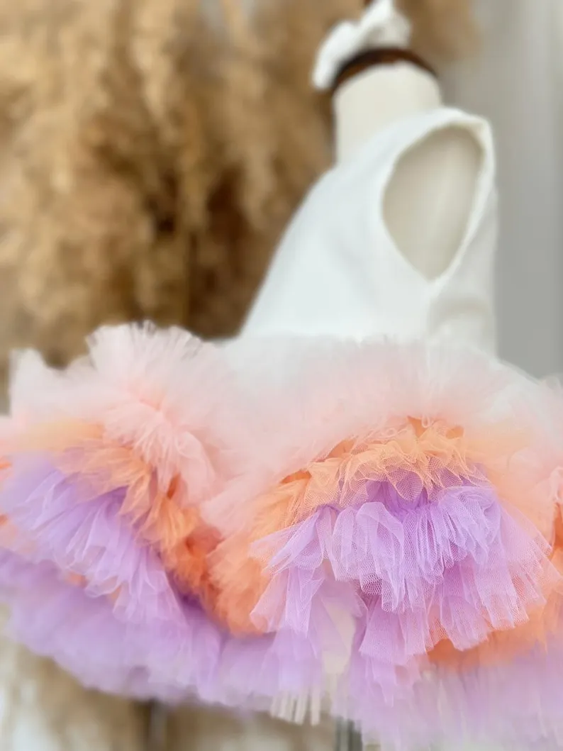 Vestido de primer cumpleaños de tul hecho a mano: vestido de niña de flores hinchado para ropa de sesión de fotos de fiesta de boda - imagen 5