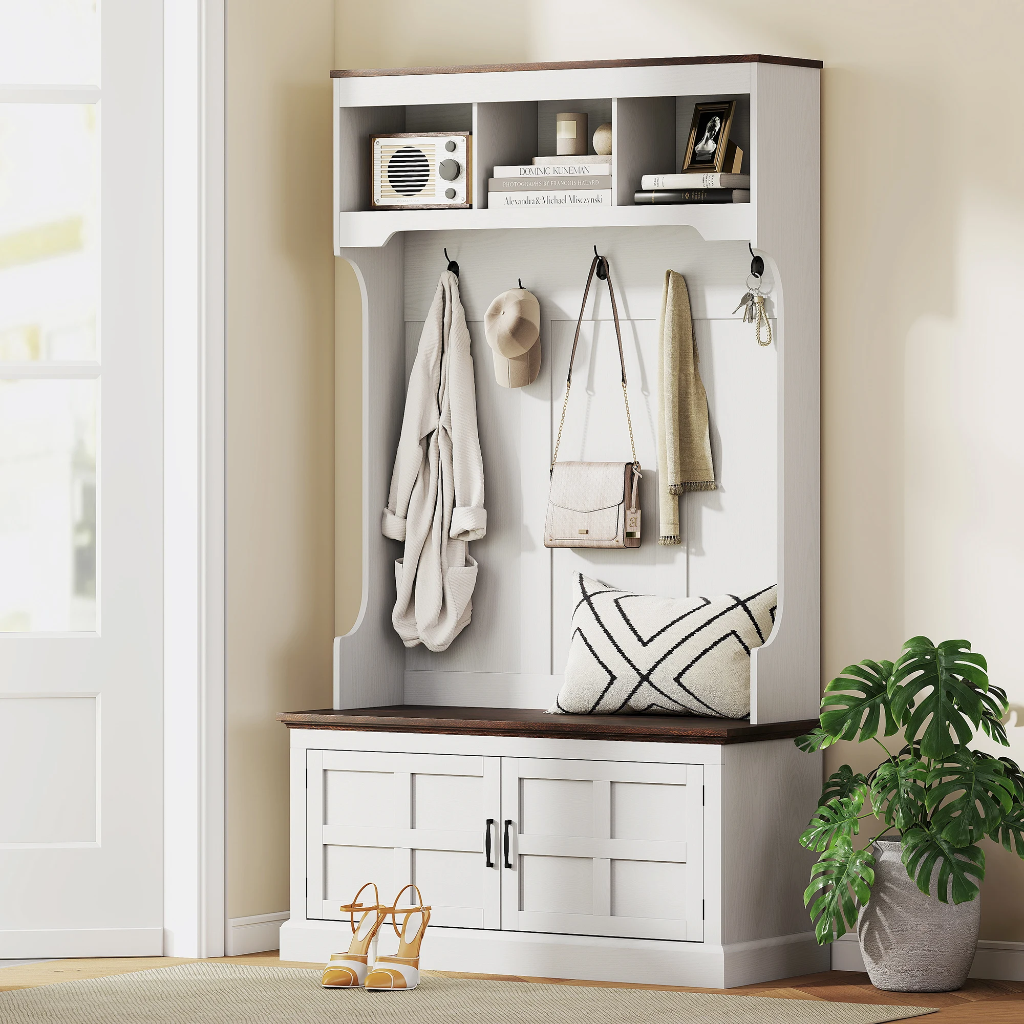 HOMCOM Perchero Zapatero, Perchero para Entrada Recibidor con Banco Zapatero, 2 Puertas, 5 Ganchos y 3 Estantes Superiores, Estilo Rústico para Salón Dormitorio Pasillo, 105x40x180 cm, Blanco
