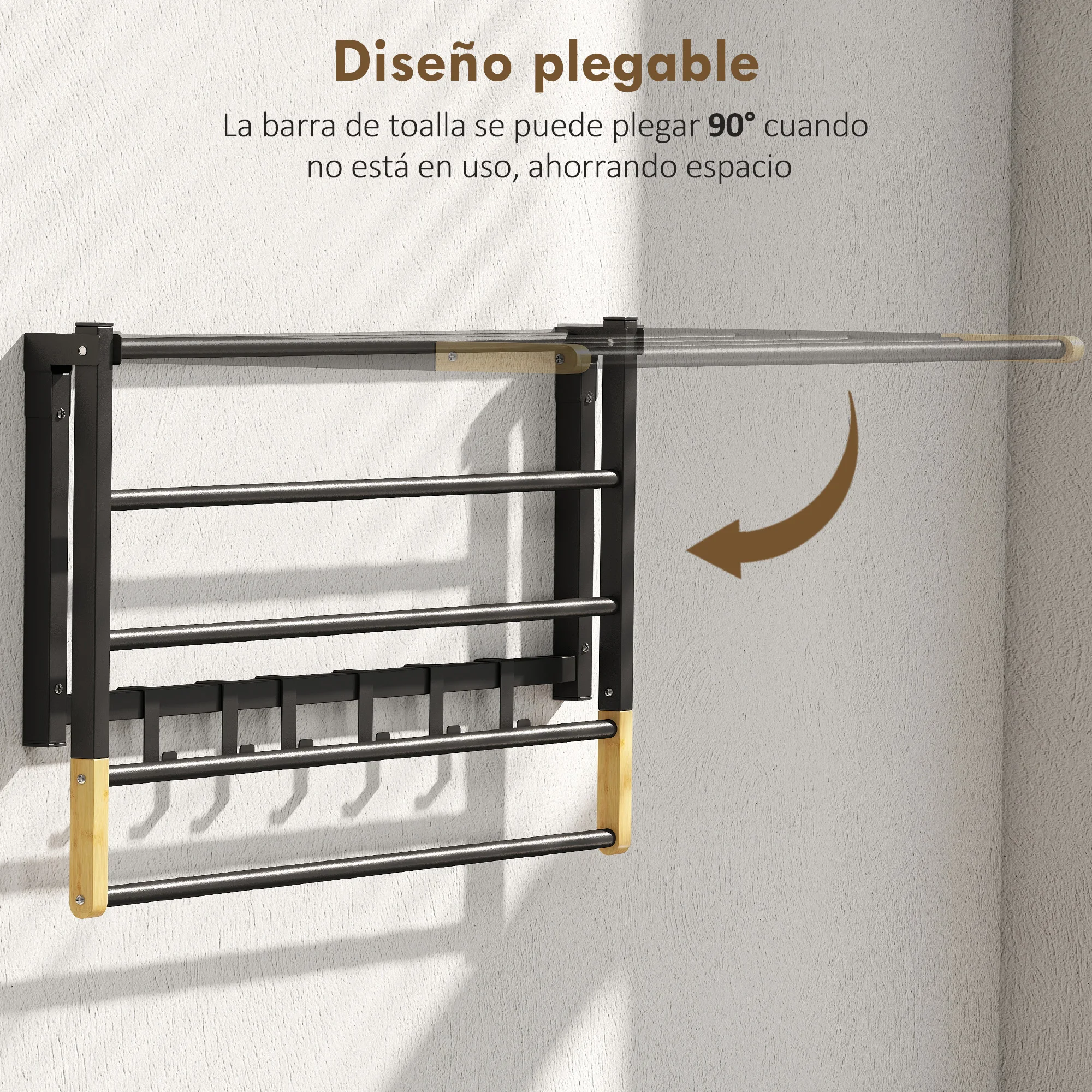 HOMCOM Toallero de Baño de Pared, Toallero Plegable con 5 Barras y 6 Ganchos, para Toallas, Baño, 60 cm, Negro - imagen 5