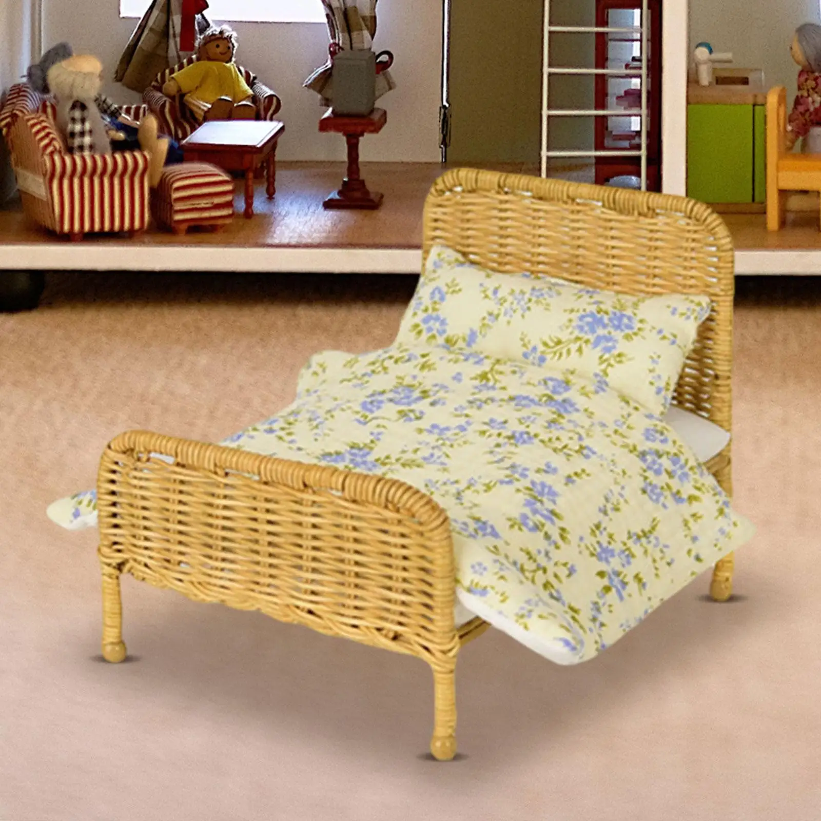 Dollhouse Miniature Ratten Bed 1:6 Dollhouse Decoration Accessories Dollhouse Furniture for Diorama Mini House Photo Props Decor Dollhouse Miniature Ratten Bed 1:6 Dollhouse Decoration Accessories Dollhouse Furniture for Diorama Mini House Photo Props Decor