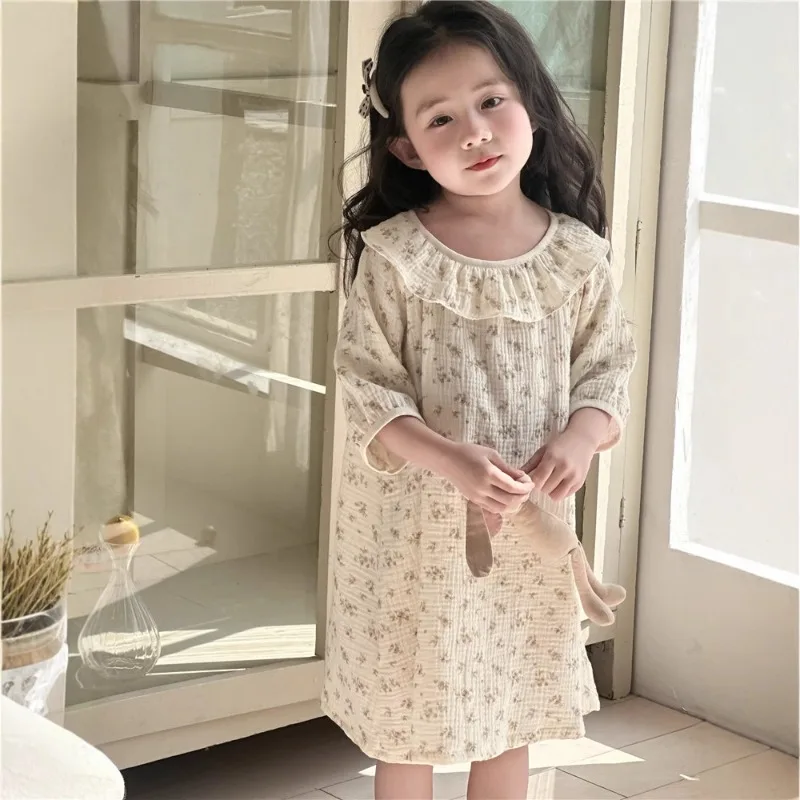 Nuevo camisón de princesa de gasa de algodón para niñas, vestido de dormir ligero con adornos de encaje para verano, ropa de casa con lazo estampado Floral, ropa de descanso,