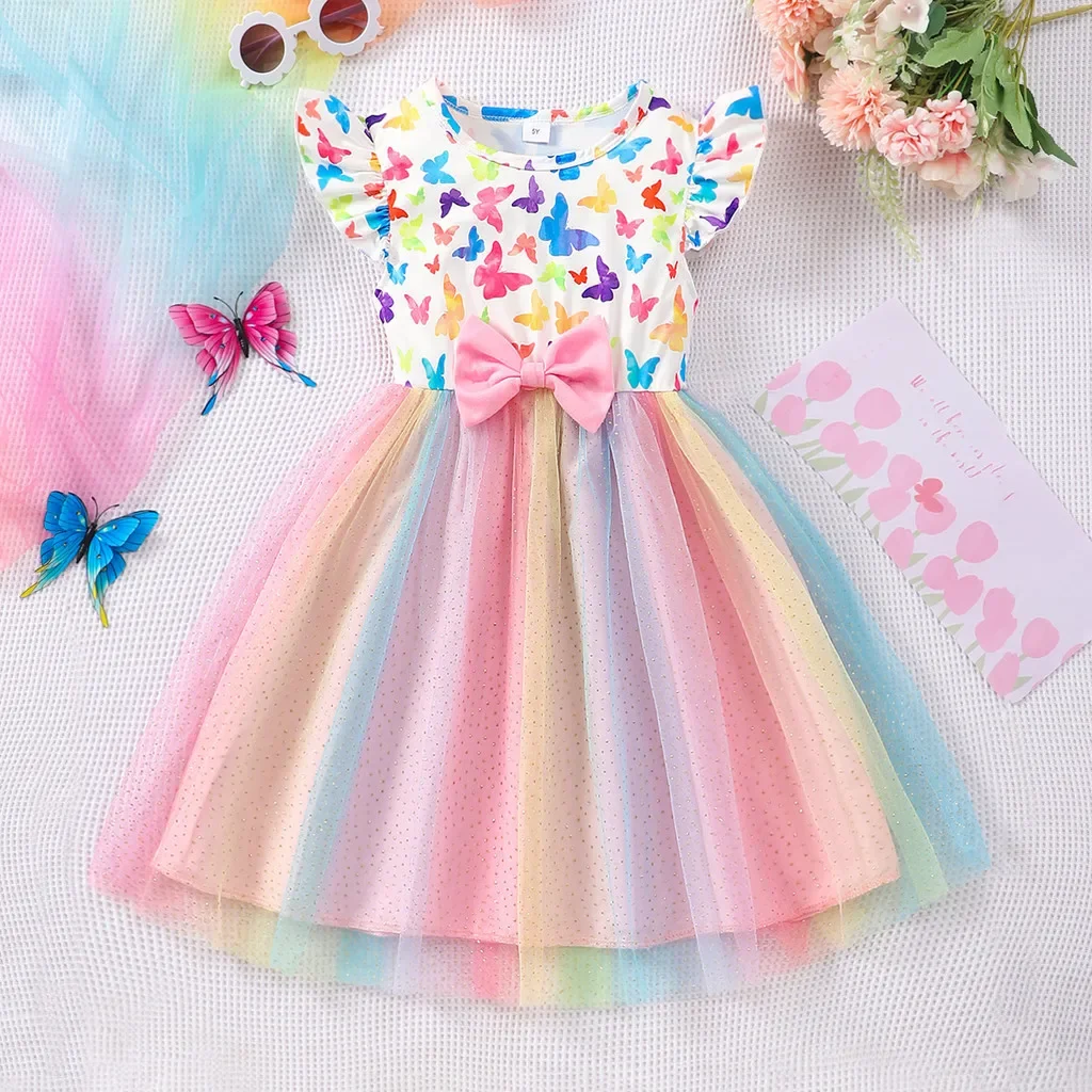 2024 niños niñas vestido ropa de manga corta Casual lindo niñas ropa unicornio mariposa niños vestido para niños 3 4 5 6 7 años - imagen 4