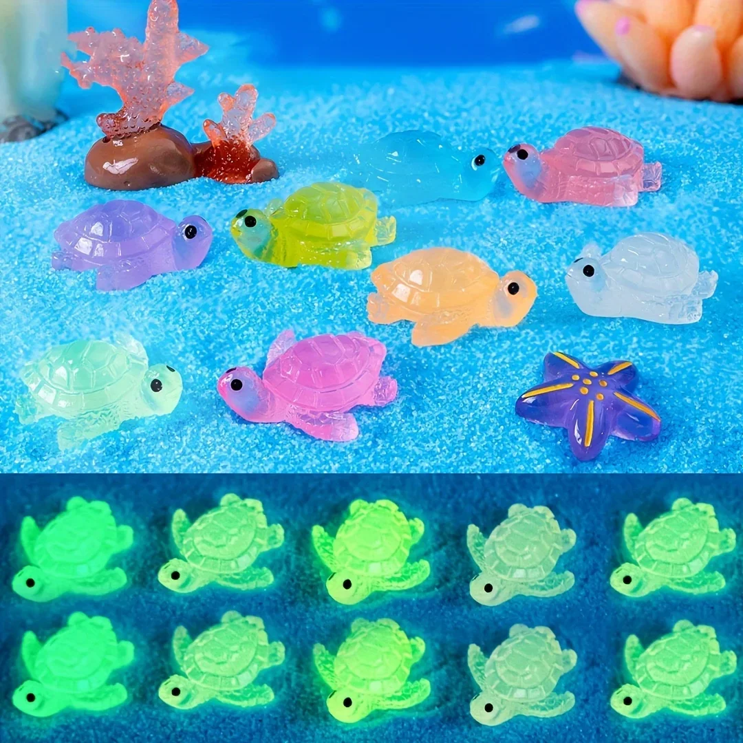 Adornos de tortuga pequeños luminosos, 10 piezas, Micro paisaje, artesanía de resina DIY, Color mezclado