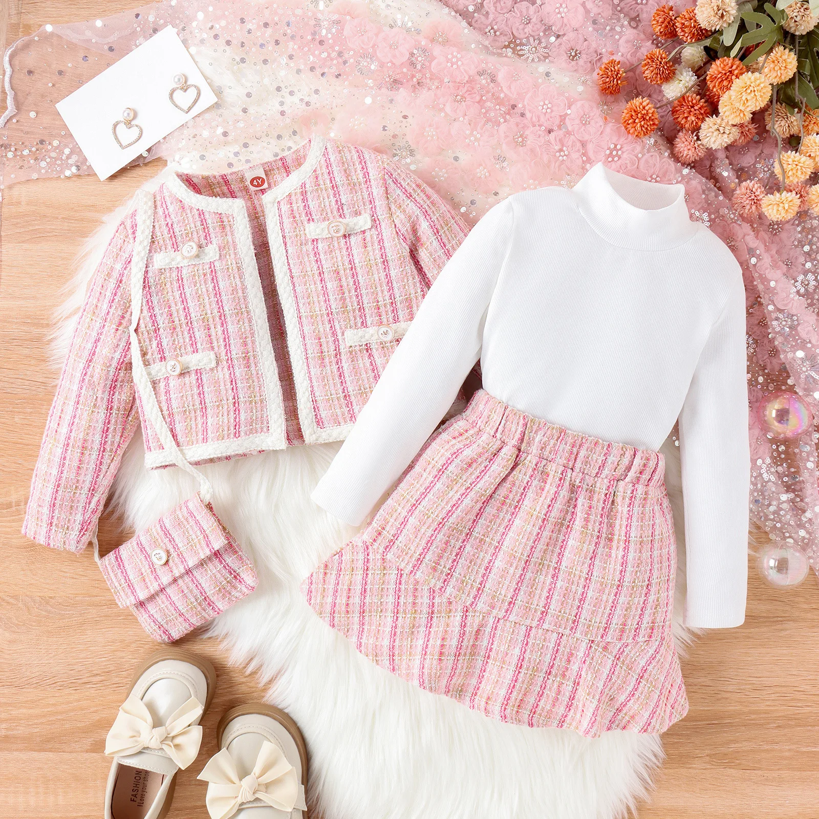 Conjuntos de 4 piezas de ropa de otoño para niñas, moda coreana, abrigo de Tweed rosa de princesa a cuadros, Tops, falda y bolsa, ropa de Boutique para bebés BC525 - imagen 2