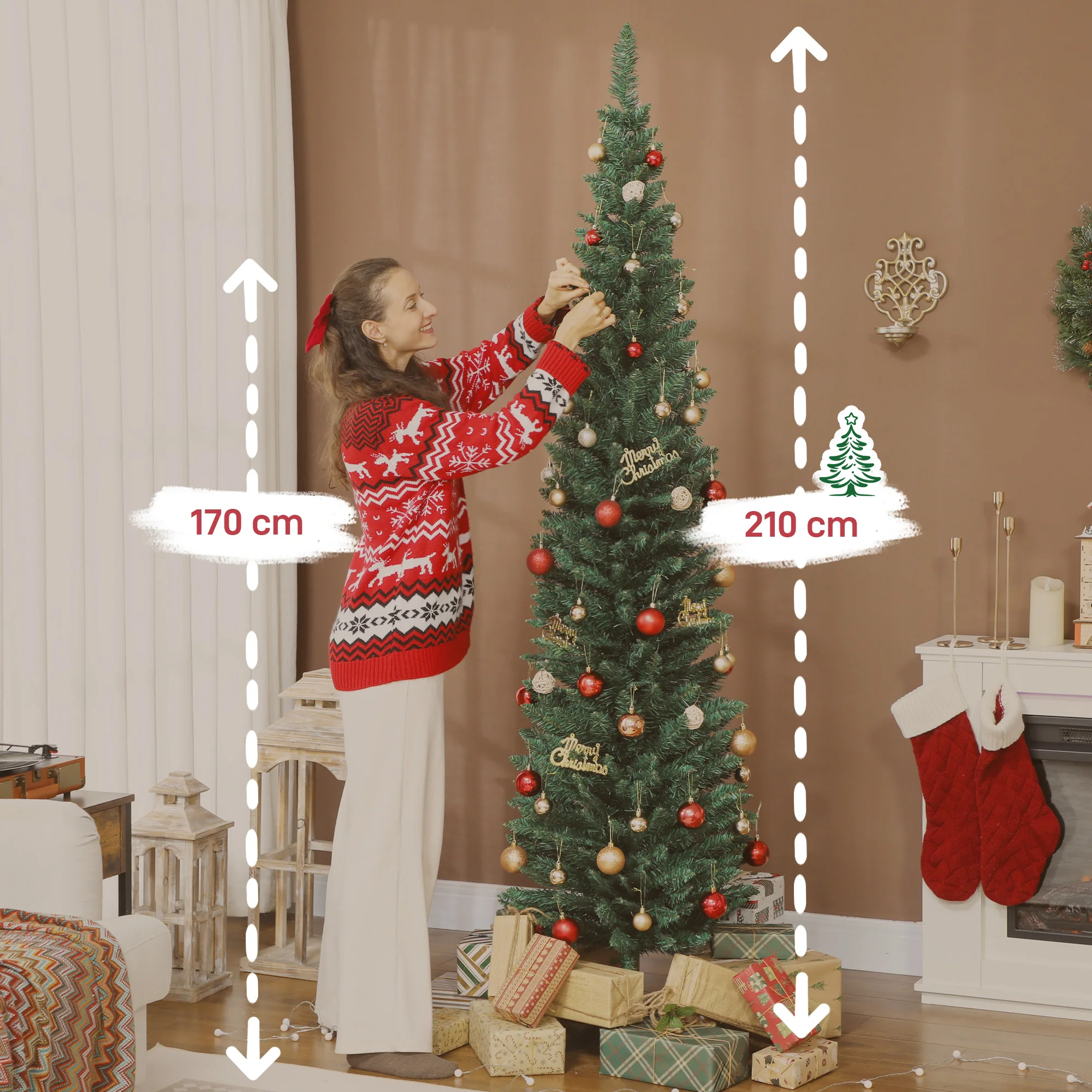 HOMCOM Árbol de Navidad Estrecho, Árbol de Navidad Artificial con Ramas, Soporte Metálico, Fácil de Montar, Decoración para Interior, Hogar, Oficina, Verde - imagen 3