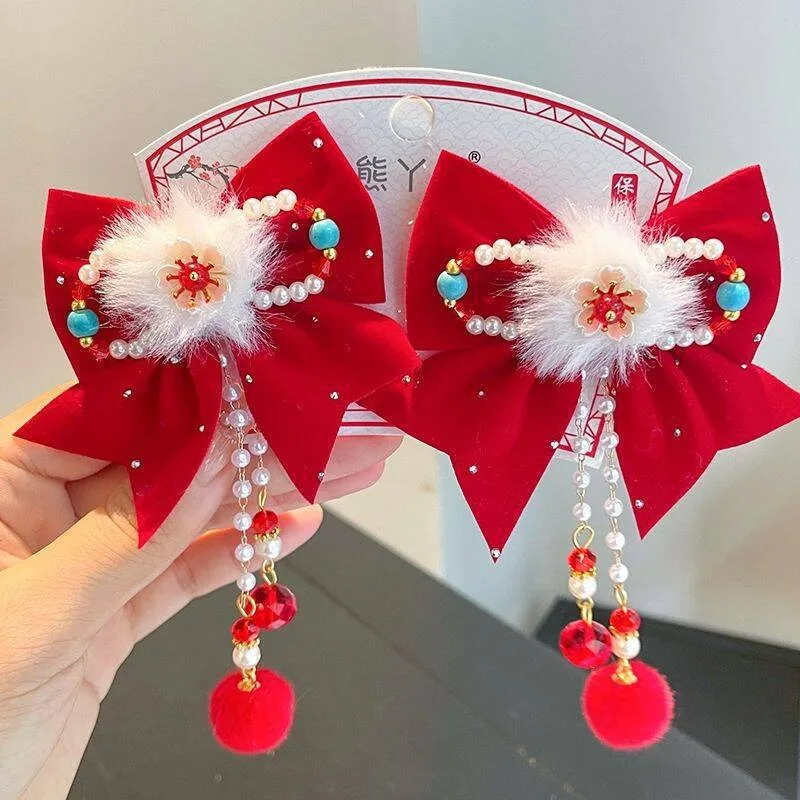 Pinzas para el cabello de Año Nuevo para niñas: diseño de lazo rojo, festivo y lindo, combinación perfecta para trajes de Hanfu y celebración de Año Nuevo.