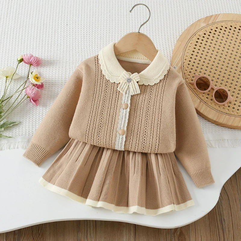 Nuevo conjunto de vestido de otoño e invierno para niñas, versión coreana elegante, cárdigan de punto con cuello de encaje, conjunto de dos piezas para niños - imagen 4
