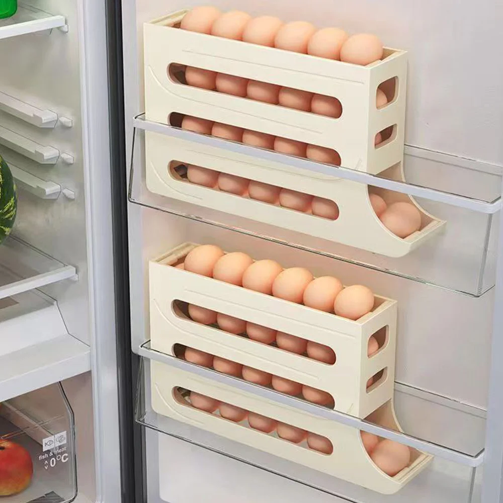 Estante para huevos rodante automático - Caja para almacenar huevos para refrigerador - Soporte para caja de almacenamiento - Cajón doble para huevos - Herramientas de cocina