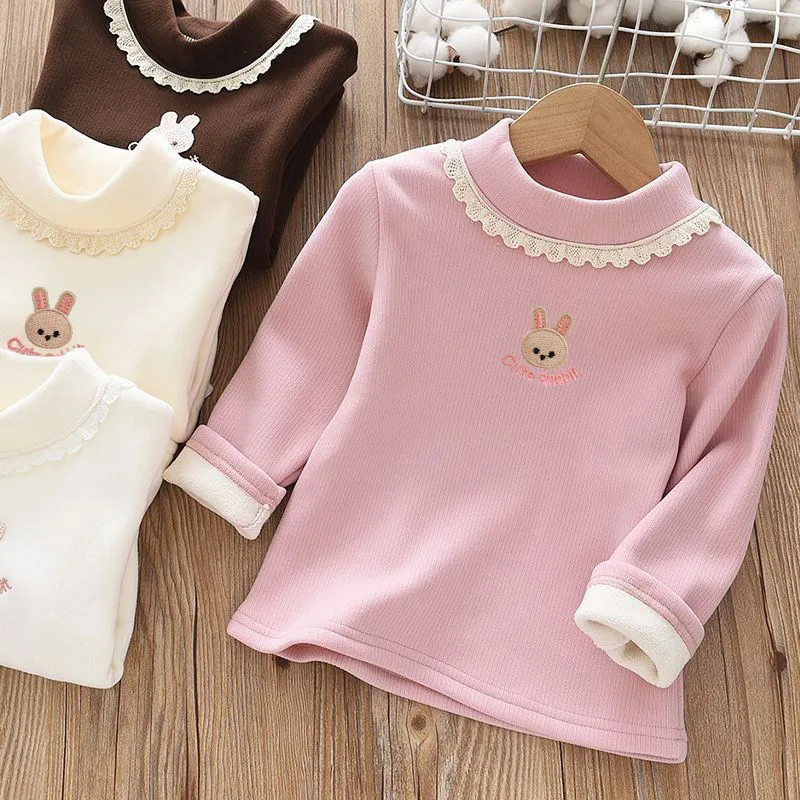 MILANCEL, nuevas camisas acolchadas de lana para niños de otoño, 1-9T, bonito bordado de conejo, blusa gruesa para niñas, Tops de encaje cálidos y versátiles para niños - imagen 2