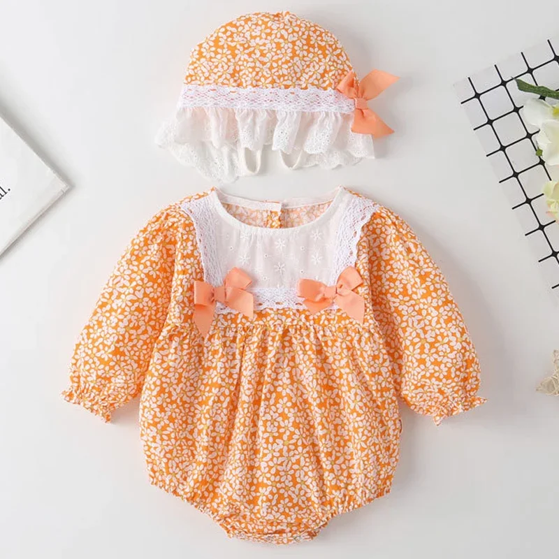 Body de verano para niñas recién nacidas, moda coreana, bonito lazo, flores, encaje, monos de manga larga de algodón + sombrero, ropa para bebés BC1836