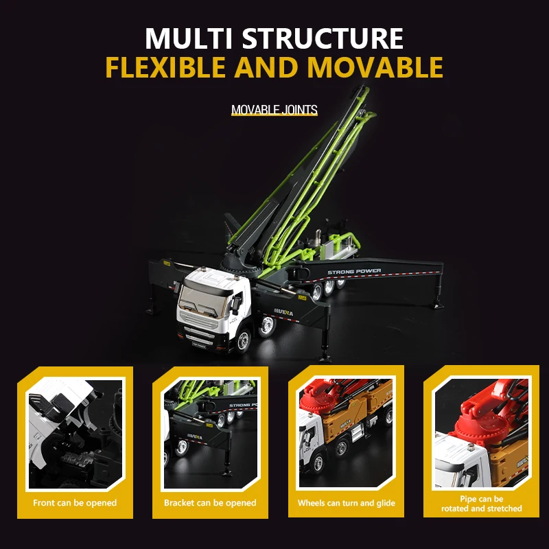 Huina-modelo 1:50 de aleación de Metal fundido a presión, bomba de hormigón, camión de juguete, grúa mezcladora, Simulación, Ingeniería de construcción, caja Original - imagen 5