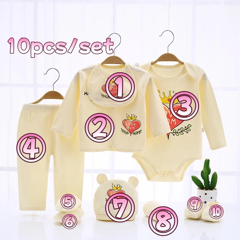 Conjuntos de manga larga para bebé recién nacido, niña y niño, Tops de algodón con bonitos dibujos de corazón de amor para mamá, pantalones y pelele, 10 unidades/juego de ropa - imagen 3