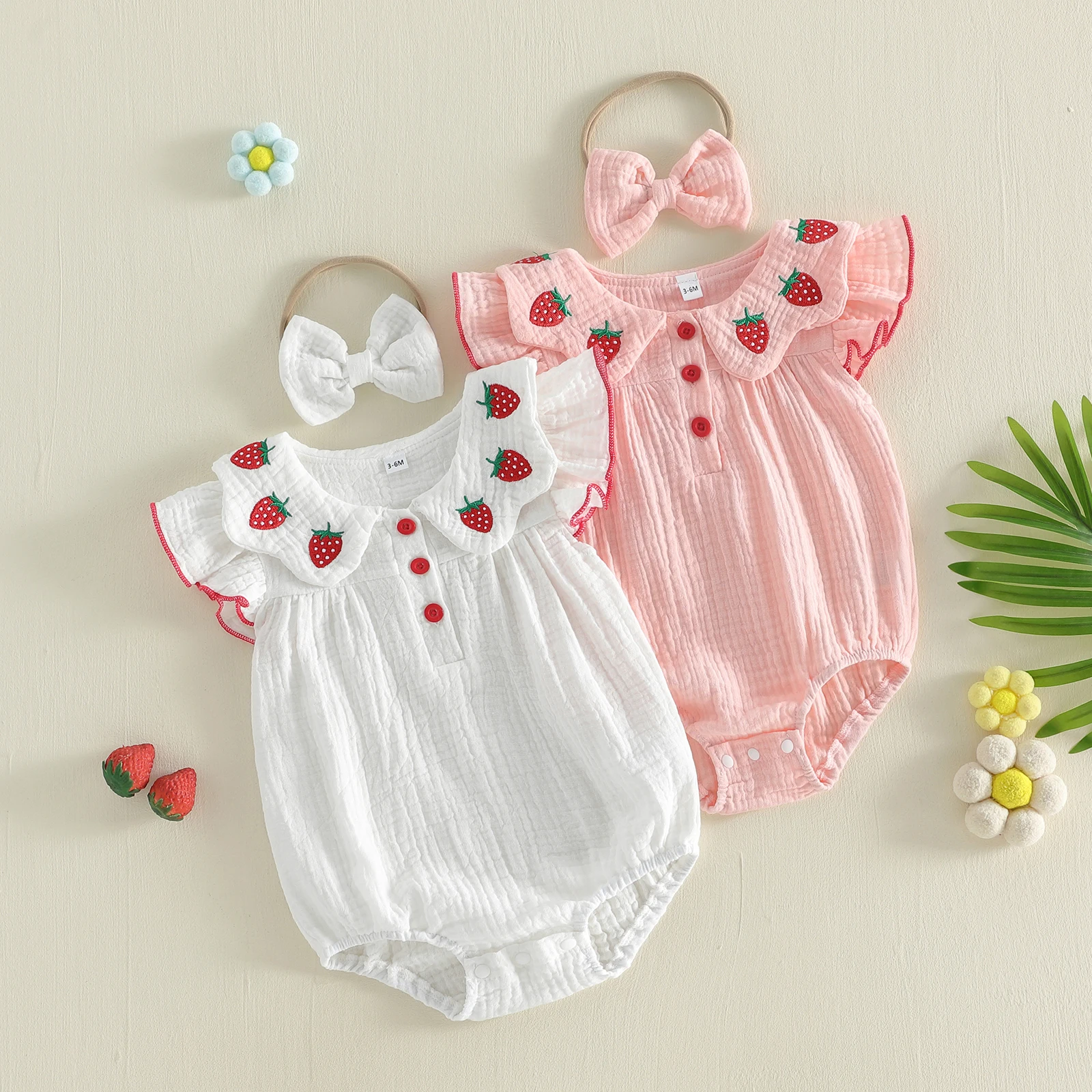 Conjunto de niña: pelele bordado de fresa con diadema y volantes - imagen 2
