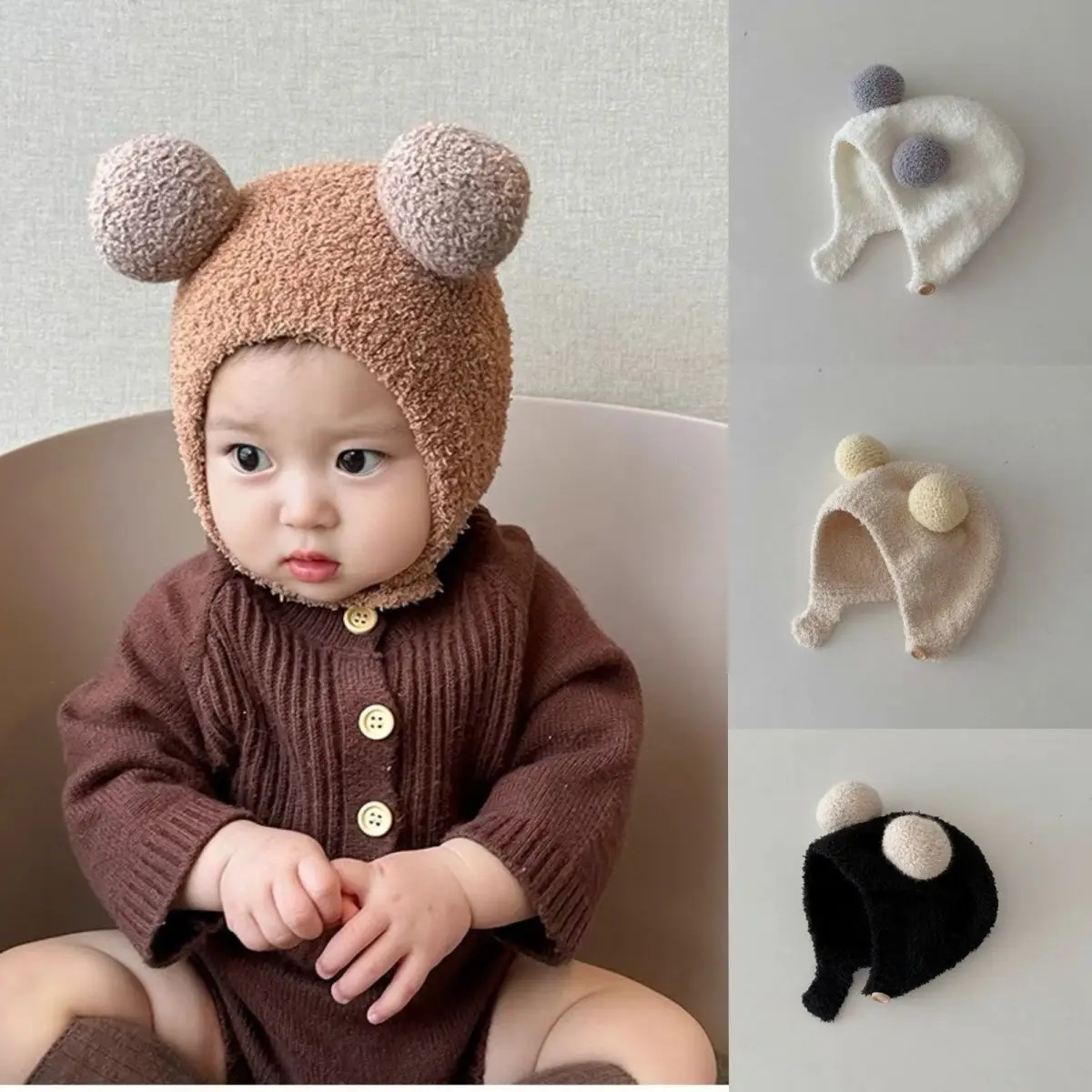 Gorro de otoño e invierno para niños de 1 a 4 años, gorros cálidos y gruesos y esponjosos, gorro con pompón y protección para los oídos, jersey para niños y niñas