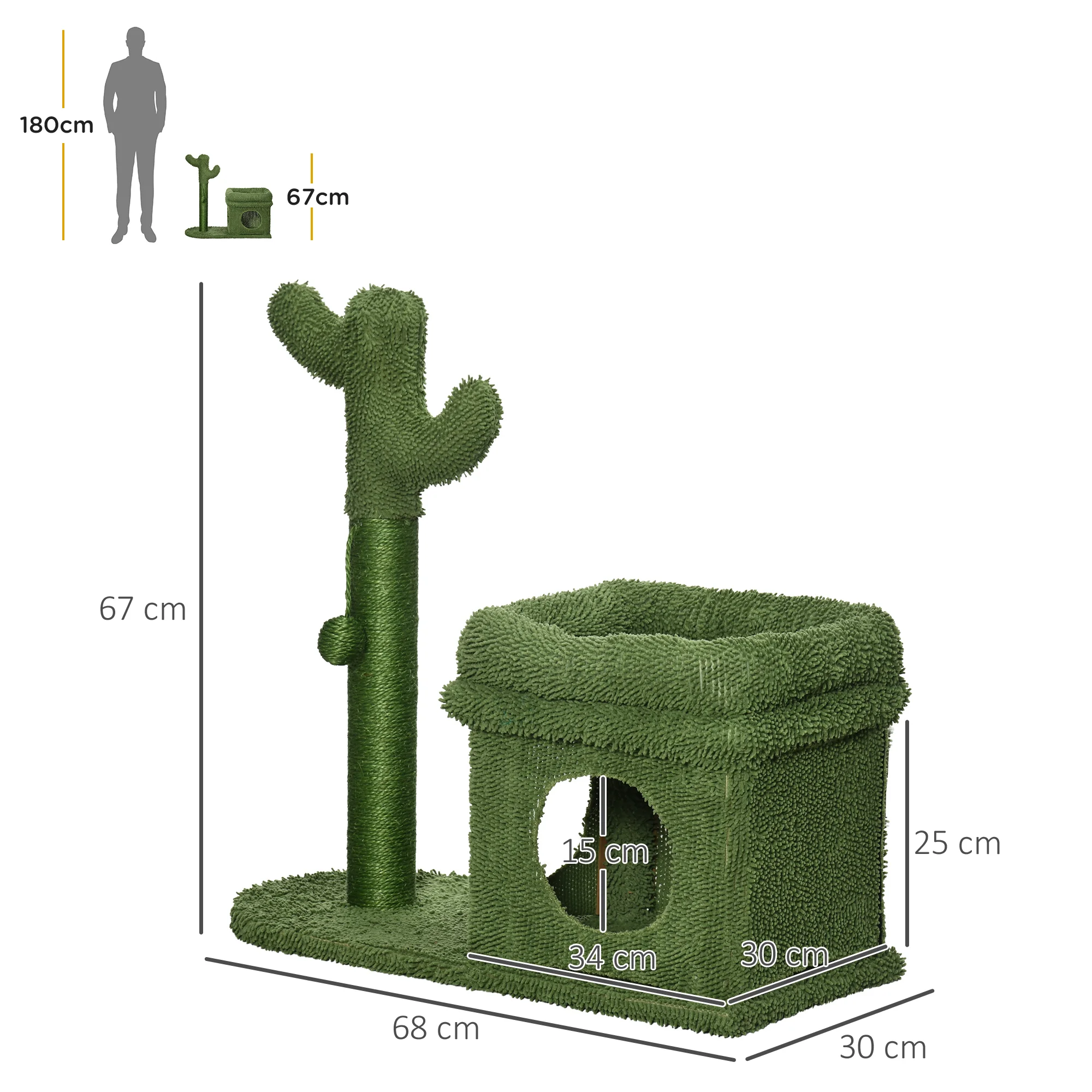 PawHut Árbol Rascador para Gatos Diseño de Cactus Altura 83 cm Torre para Gatos con Cama Caseta de Felpa Poste de Sisal y Bola Colgante 68x30x67 cm Verde - imagen 3