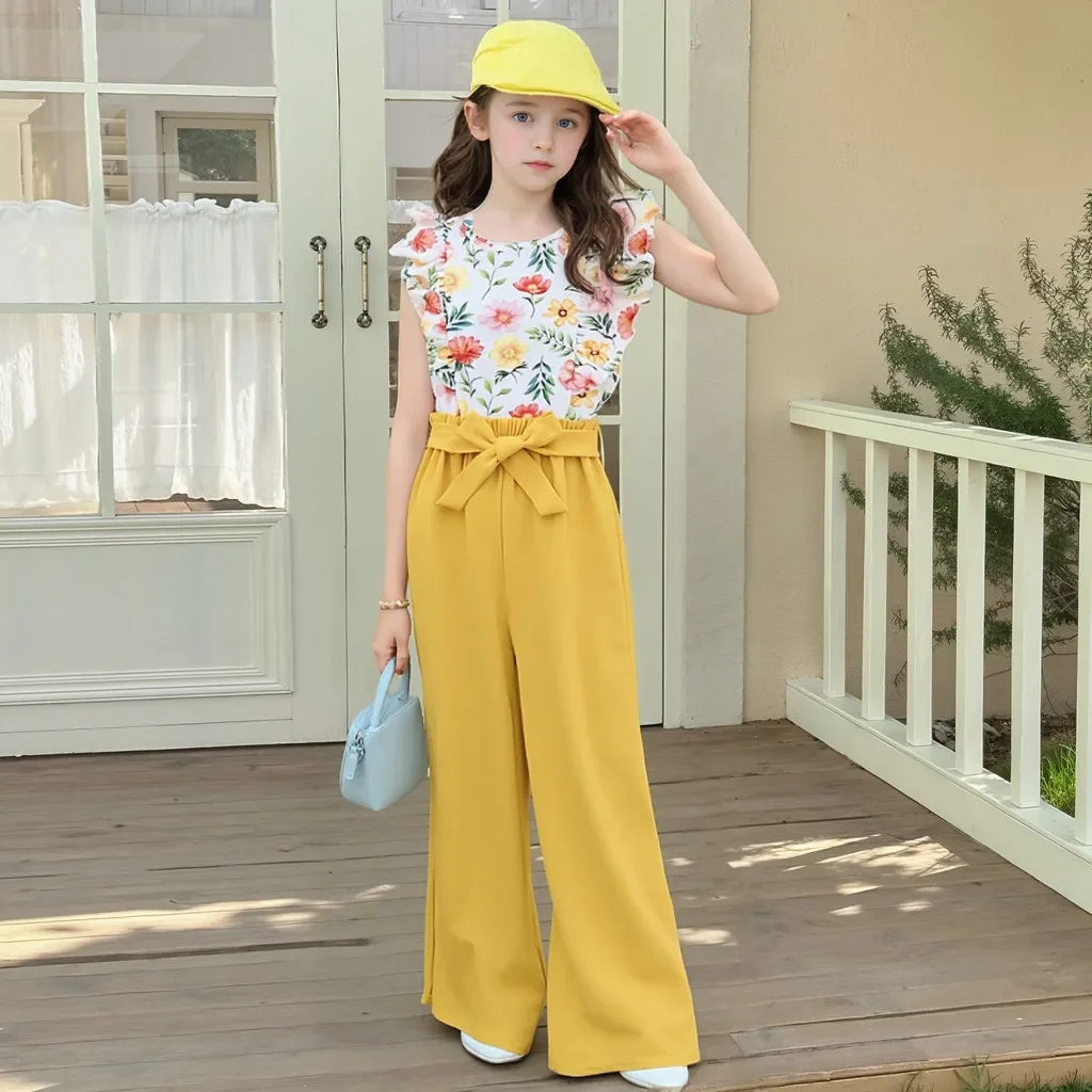 Ropa informal para niñas, conjunto de vacaciones para niños, chaleco Floral amarillo + Pantalones de verano, 2 uds., traje de moda para chicas de 7, 8, 9, 10, 11 y 12 años