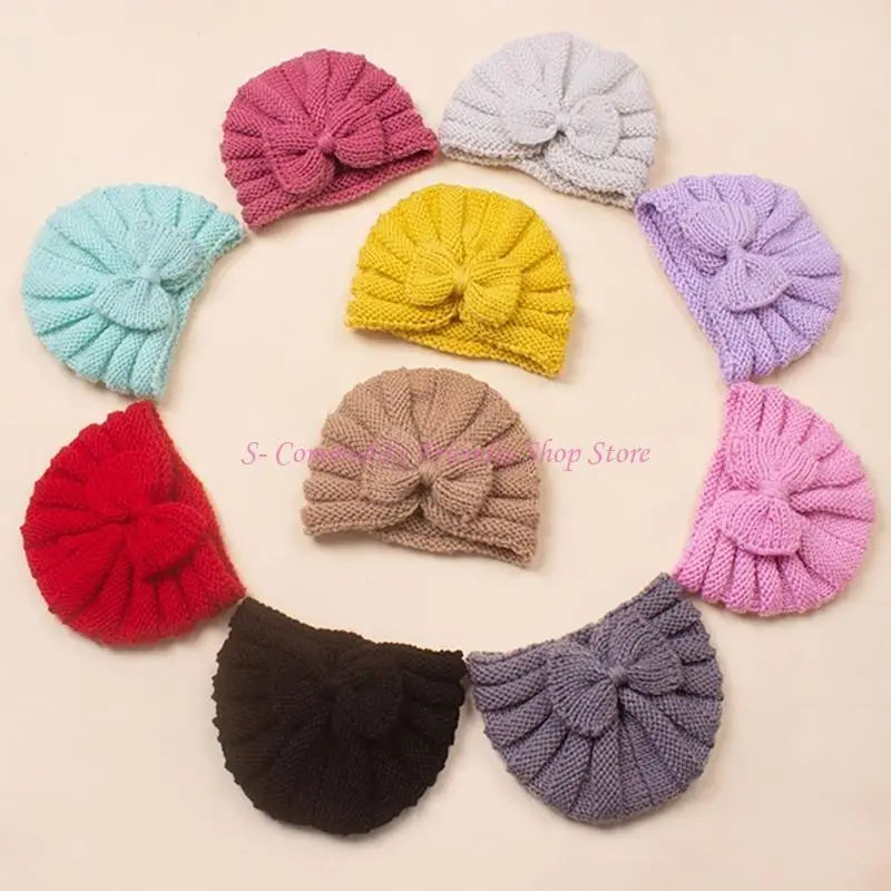 85AE Gorro tejido a gorro tejido a mano, gorro con nudo lazo para niñas pequeñas para cabeza A