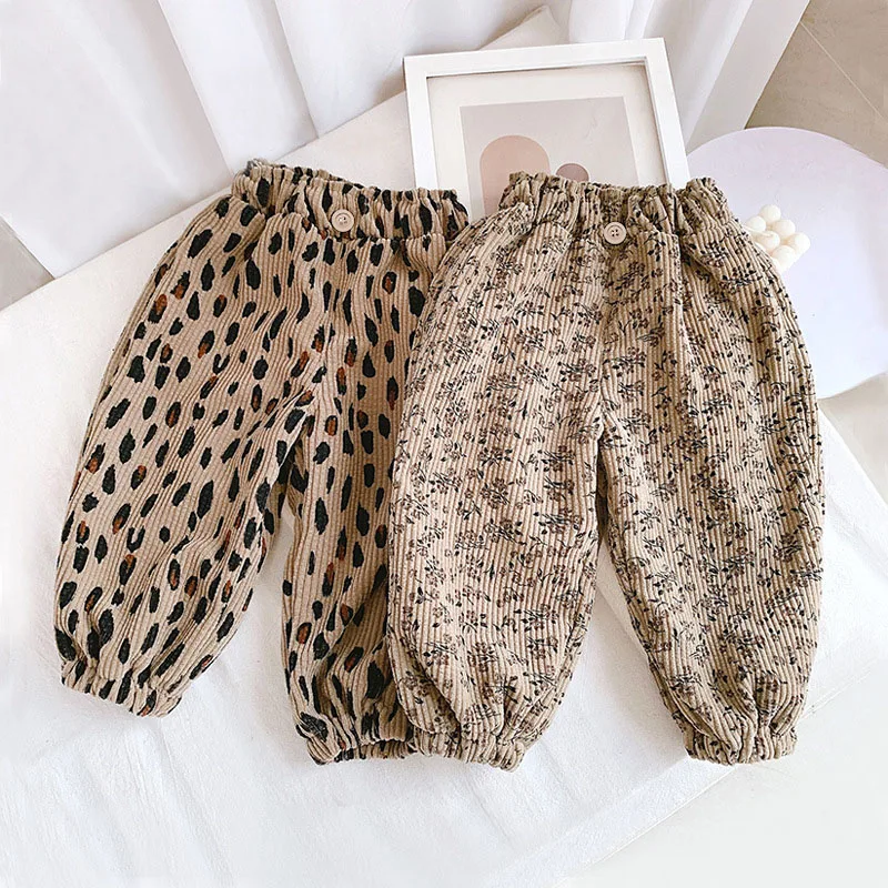 Otoño niños pantalones casuales 1-9T pana polar acolchado Floral niñas pantalones gruesos sueltos niños leopardo Harem pantalones - imagen 2